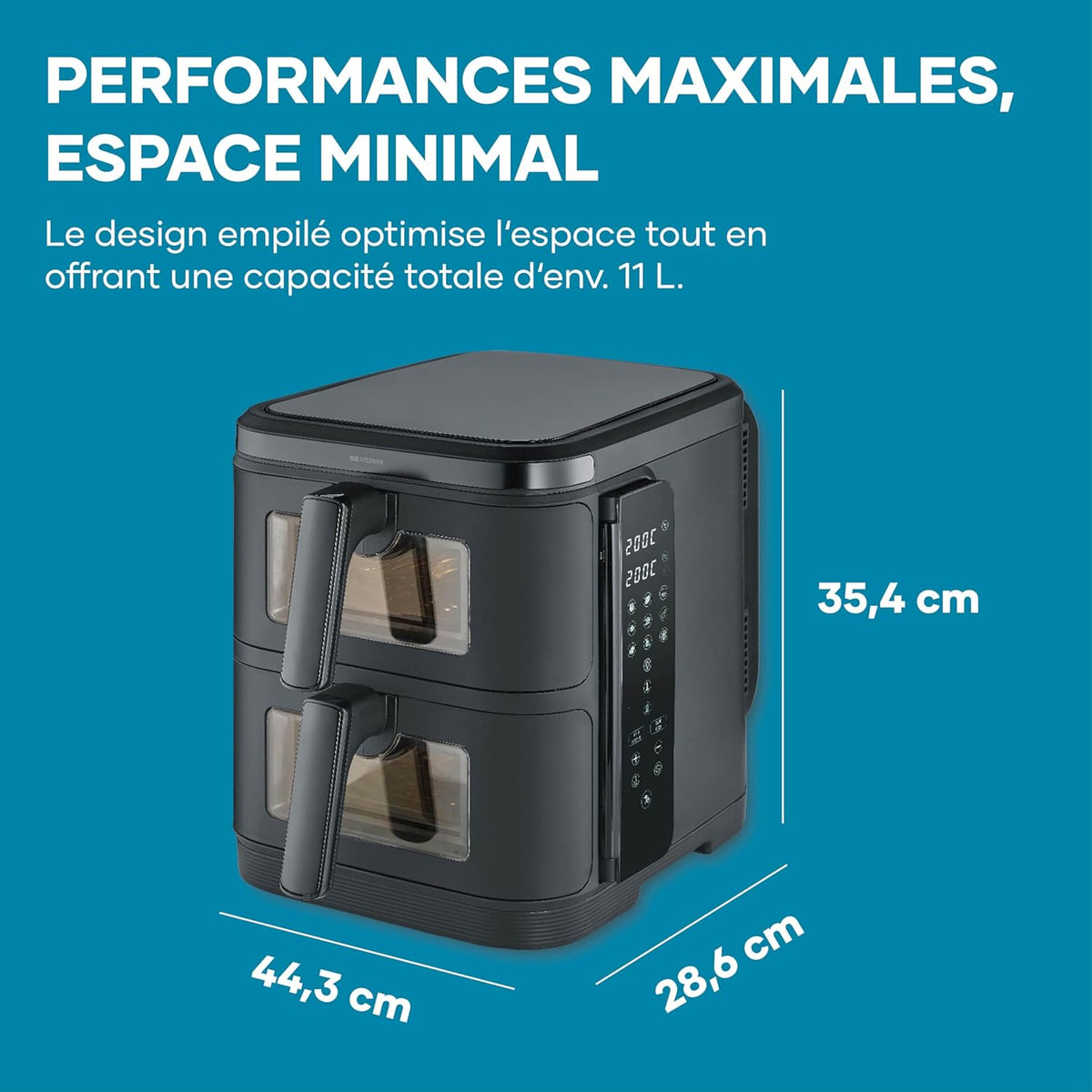SEVERIN Friteuse à air chaud S-Fry Duo Stack, Air fryer 9 programmes, Friteuse sans huile avec 2 paniers empilés de 5,5 L chacun sans PFAS, Multicuiseur à écran tactile, Noir, FR 9598