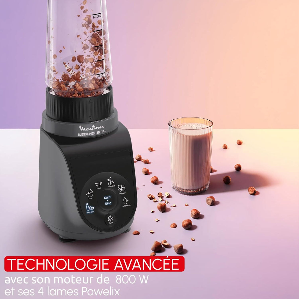 Moulinex Blend Up Essential, Mini blender, 800 W, 6 programmes automatiques, Glace pilée, Nettoyage automatique, Gris foncé, LM1EHBF0