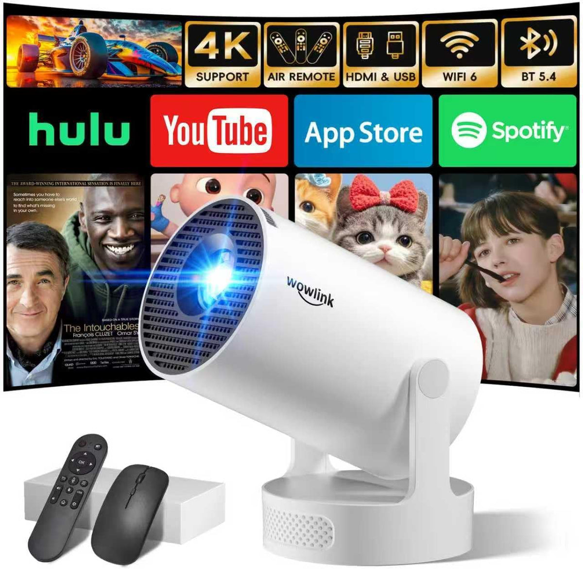 [Apps intégrées & 2026 Upgraded] Vidéoprojecteur avec WiFi 6 et Bluetooth | 4K 1080P Auto Keystone Rotation 180° Compatibile avec HDMI/TV