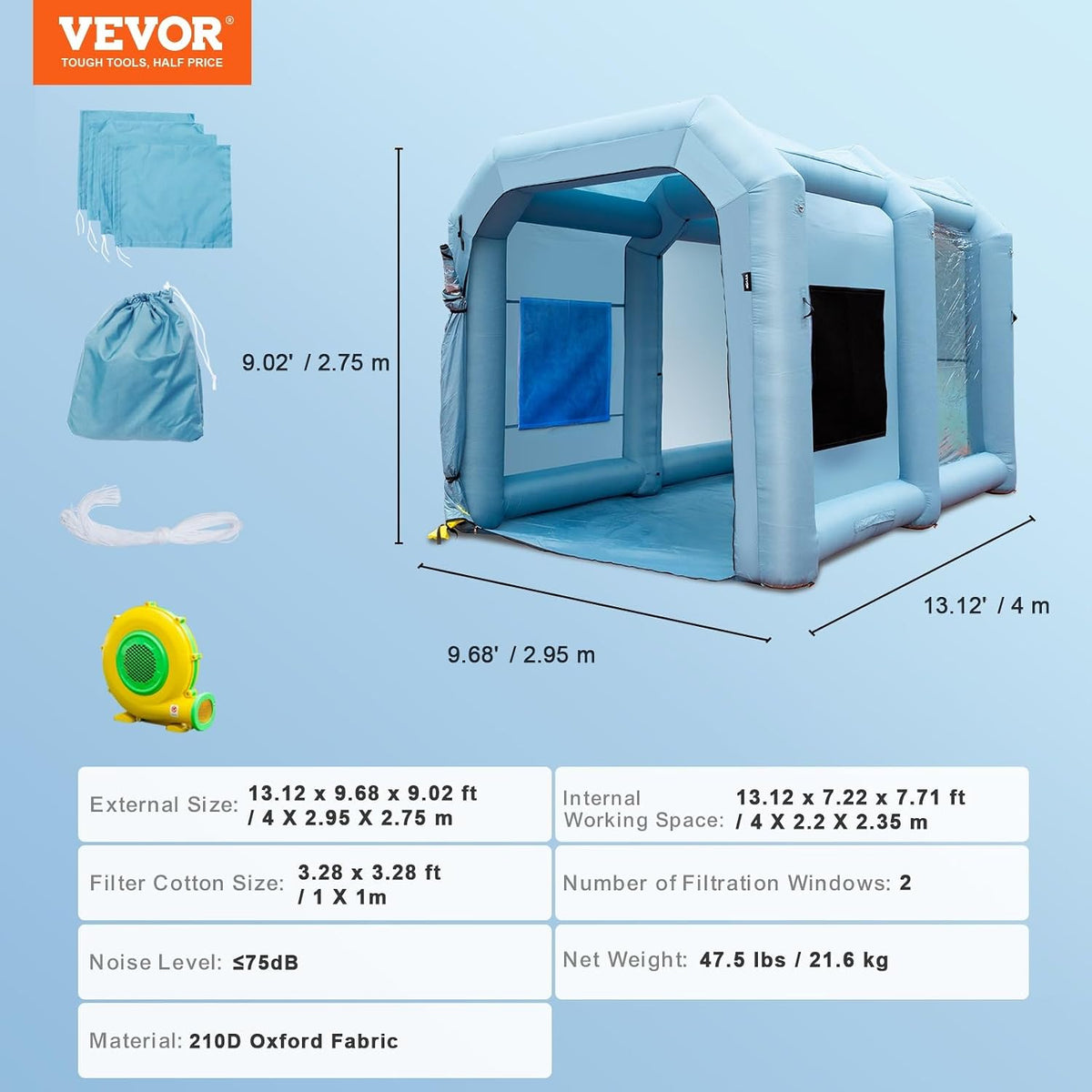 VEVOR Cabine de Peinture Gonflable 4x2,95x2,75 m en Oxford 210D avec Système de Filtration Souffleurs 900 W