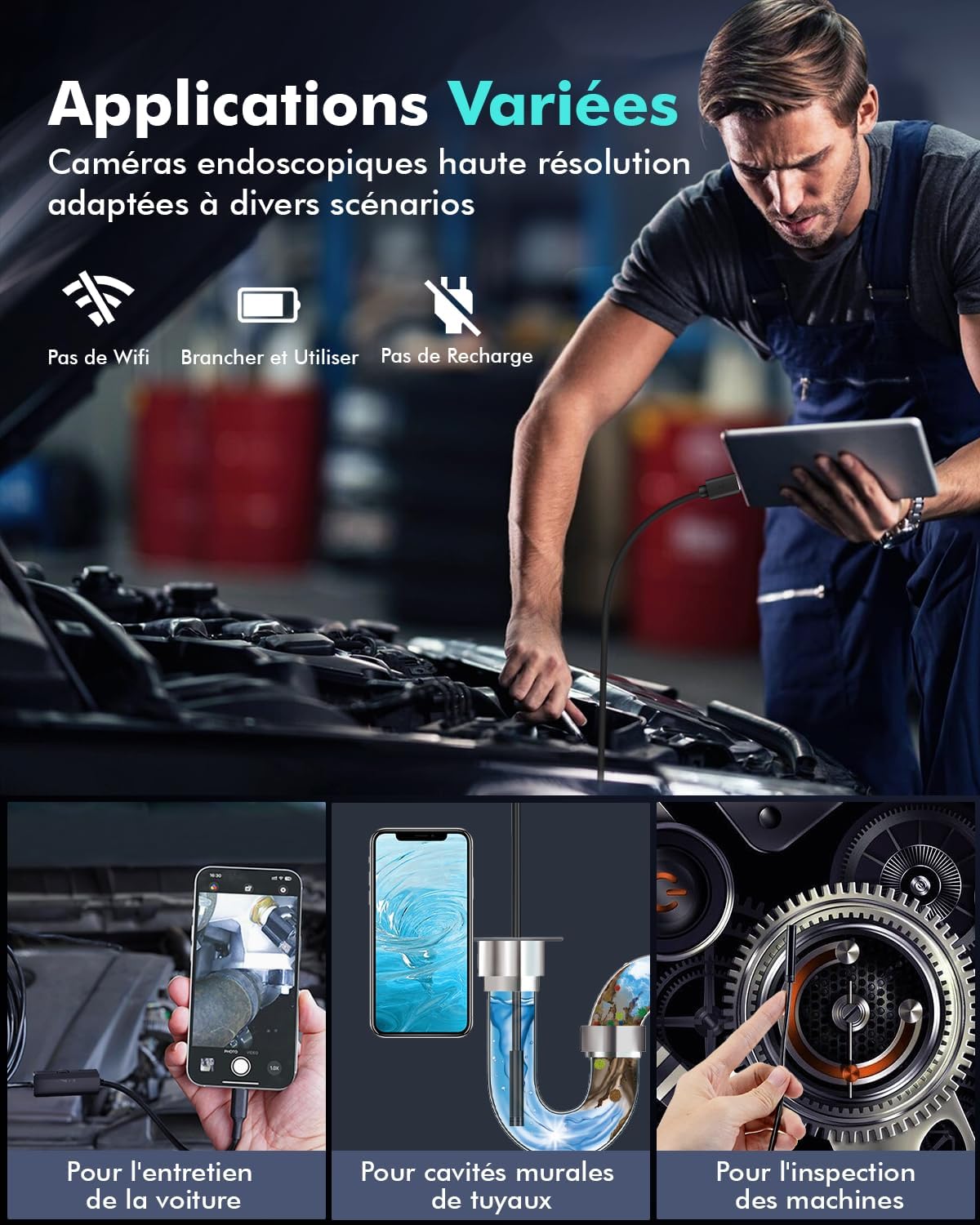 Endoscopique Caméra d'inspection de Serpent 1920P, 3 en 1 USB Camera Endoscopique, Endoscopique Type C de portée avec 8 lumières LED pour Smartphone Android et iOS, iphone, iPad, (16,5 FT/5M)