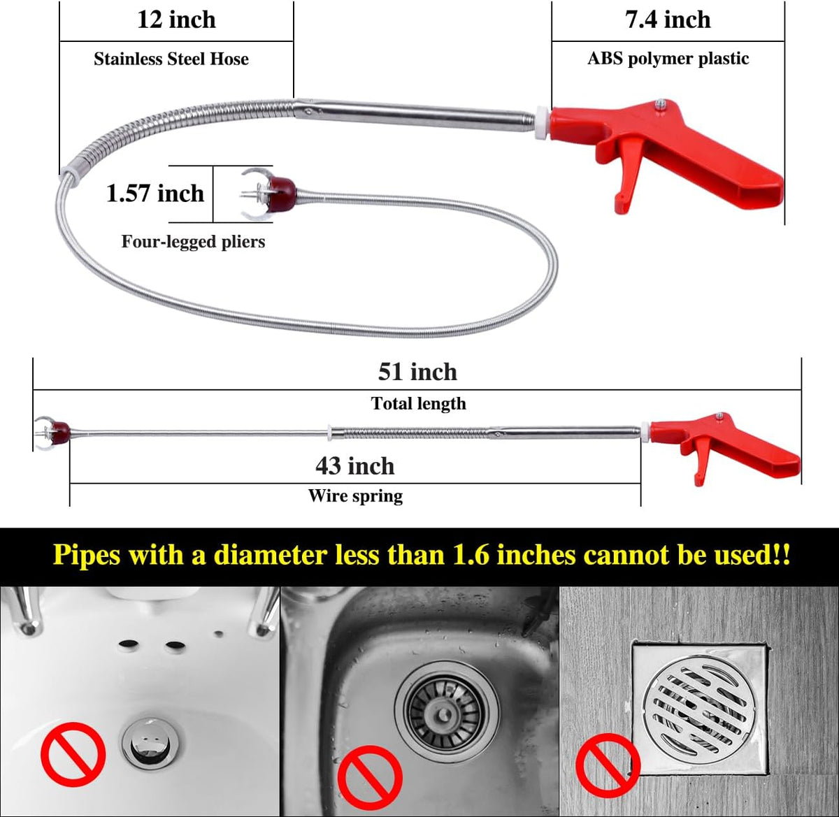 1.3m Furet Déboucheur Canalisation WC, Déb. à manivelle avec Griffe D'aigle-Anti-rayures-Débouchage canal. Serpent de plombier idéal pour éliminer les débris etles sabots cheveux des drains
