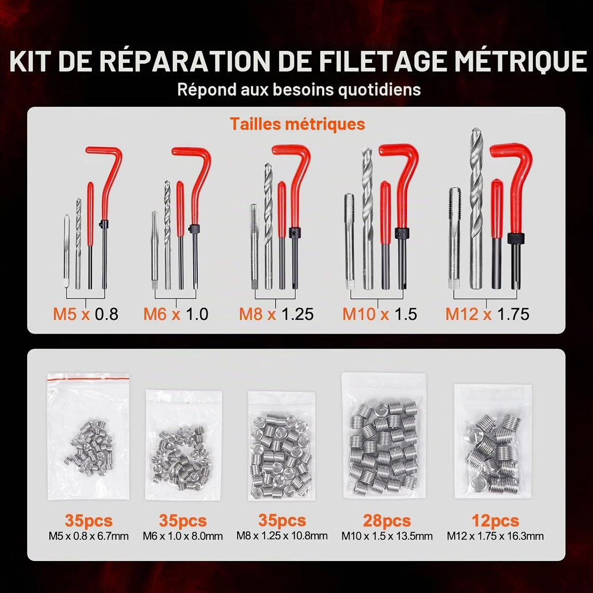 VEVOR Kit de Réparation de Filetage Hélicoïdal 166 Pièces, Outils à Restaurer Les Filetages Abîmes Métrique, M5 M6 M8 M10 M12, avec Forets HSS et Tarauds, pour Mécanicien Garage Réparation Automobile