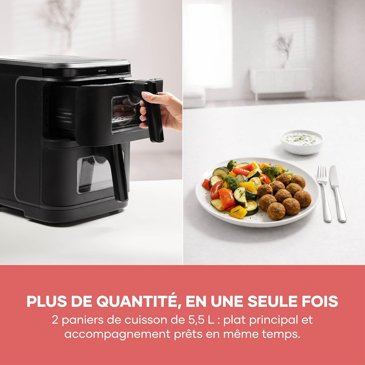 SEVERIN Friteuse à air chaud S-Fry Duo Stack, Air fryer 9 programmes, Friteuse sans huile avec 2 paniers empilés de 5,5 L chacun sans PFAS, Multicuiseur à écran tactile, Noir, FR 9598