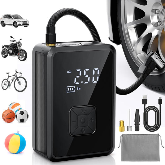 Oasser Gonfleur Pneus Voiture sans Fil Mini Compresseur à Air Portatif 150 PSI (10,3 Bar) Inflation Rapide Cylindre 17 mm Type-C USB Charge avec Tuyau de 30 cm et Sac de Rangement