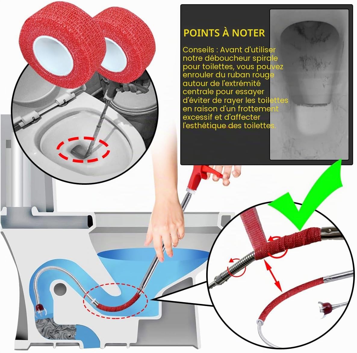 Furet Déboucheur Canalisation WC 1.8m - Déboucheur toilette à manivelle avec Griffe D'aigle - Anti-rayures - Débouchage Serpent de plombier idéal pour éliminer débris & sabots cheveux drains