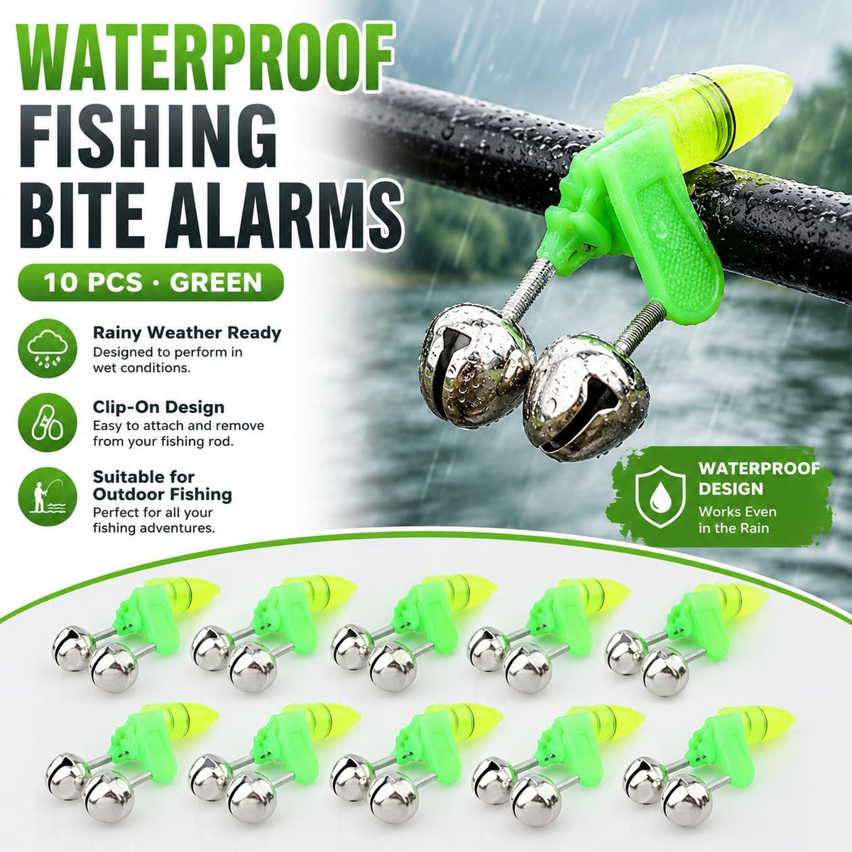 Accessoire de pêche de Nuit Pointe de Canne à lumière LED Anneau de Poisson Morsure Double Cloches résistant à l'eau Vert Argent 10 Paquets