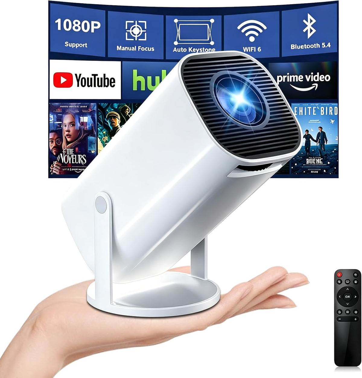 Mini videoprojecteur 4K Full HD 1080p, WiFi 6 et Bluetooth 5.4,Retroprojecteur avec Auto Keystone Rotation 180°, Compatibile avec HDMI/TV Stick/Laptop