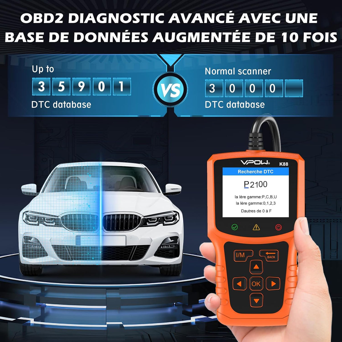 OBD2 Diagnostic Auto Valise Voiture: OBD Diagnostique Français Auto Multimarque pour BMW Peugeot VW Les Véhicules - Lecteur de Codes de Panne Moteur avec Lecture en Temps Réel des Données