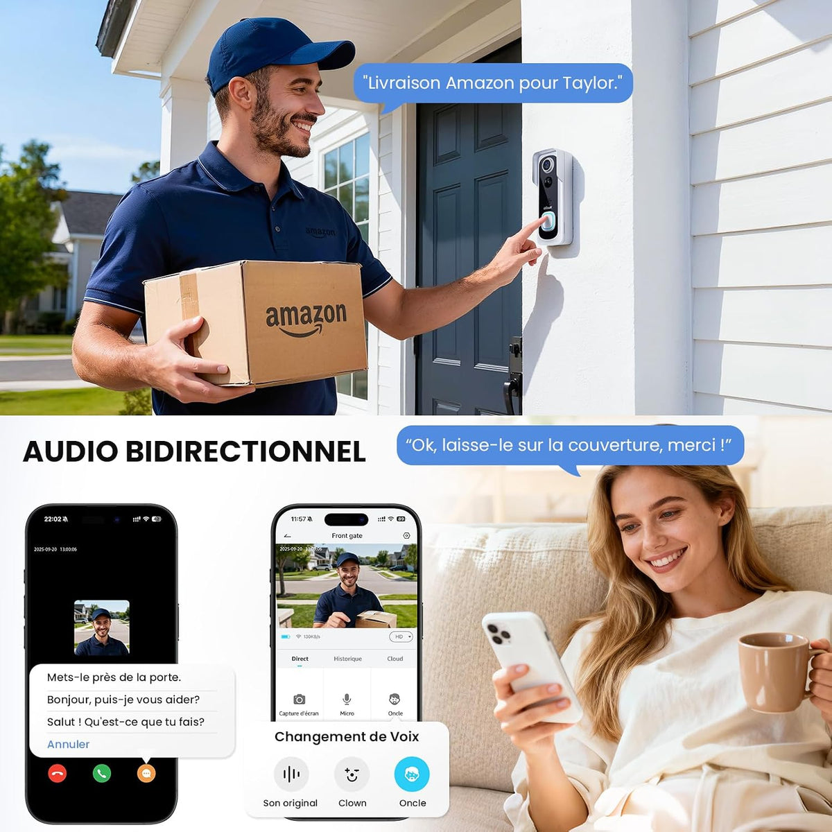 ieGeek 2K Sonnette sans Fil Exterieur Etanche, Sonnette Vidéo avec Caméra Compatible Alexa, Install Facile, Détection IA, IP66 Étanche,Vision Nocturne, Stockage Cloud, WiFi 2,4 GHz Uniquement (Blanc)