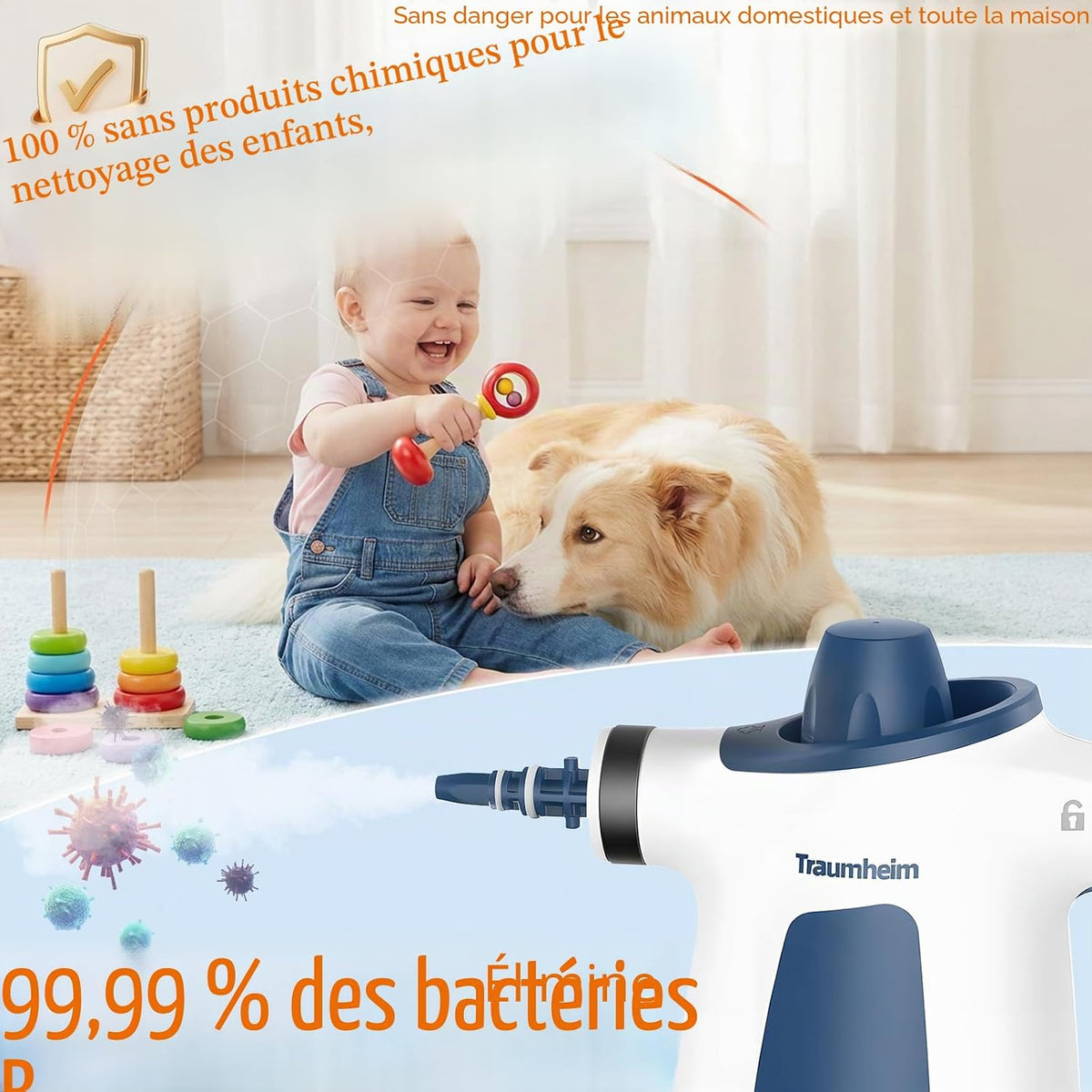 Nettoyeur vapeur, multifonction avec kit d’accessoires de 14 pièces, pression de vapeur de 3 bars, 350 ml, 1200 W, pour le nettoyage de la cuisine, des sols, des carreaux et des canapés.