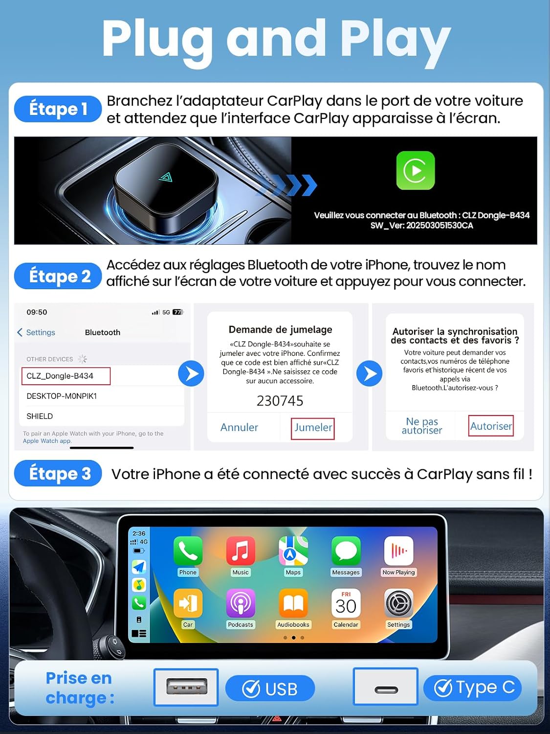 D1 Adaptateur CarPlay sans fil pour iOS, Conversion de CarPlay filaire en CarPlay sans fil, Plug & Play avec USB/Type-C, mini et stable, compatible avec iOS 10+ et les véhicules à partir de 2016