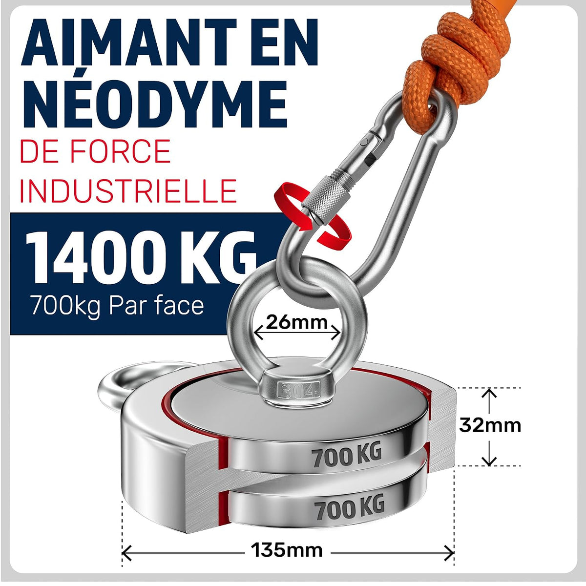 MAGFISHION Aimant Neodyme Puissant - 1400 KG (2x 700kg) - Aimant de Peche