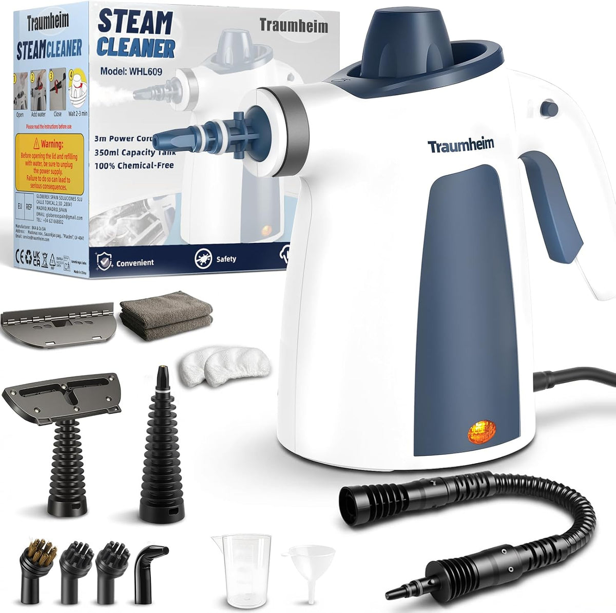 Nettoyeur vapeur, multifonction avec kit d’accessoires de 14 pièces, pression de vapeur de 3 bars, 350 ml, 1200 W, pour le nettoyage de la cuisine, des sols, des carreaux et des canapés.