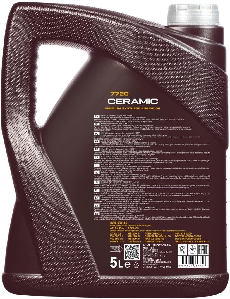 MANNOL Huile moteur Ceramic 5W-30 ACEA C2 ACEA C3 API SN Plus 5 L Compatible avec VW Golf 7 3/5 portes 5G1, BQ1, BE1, BE2 Golf 4 3/5 portes 1J1 Golf 5 3/5 portes 1K1 Golf 6 3/5 portes 5K1, BMW