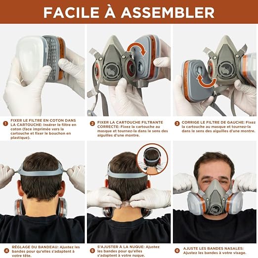 RHINO Smart Solutions Masque Peinture A1 Protection Respiratoire Réutilisable Anti Poussiere, Gaz, Chimique, Resine Epoxy, Travaux du Bricolage | Avec Filtres en Coton, Lunettes de Sécurité, Gants