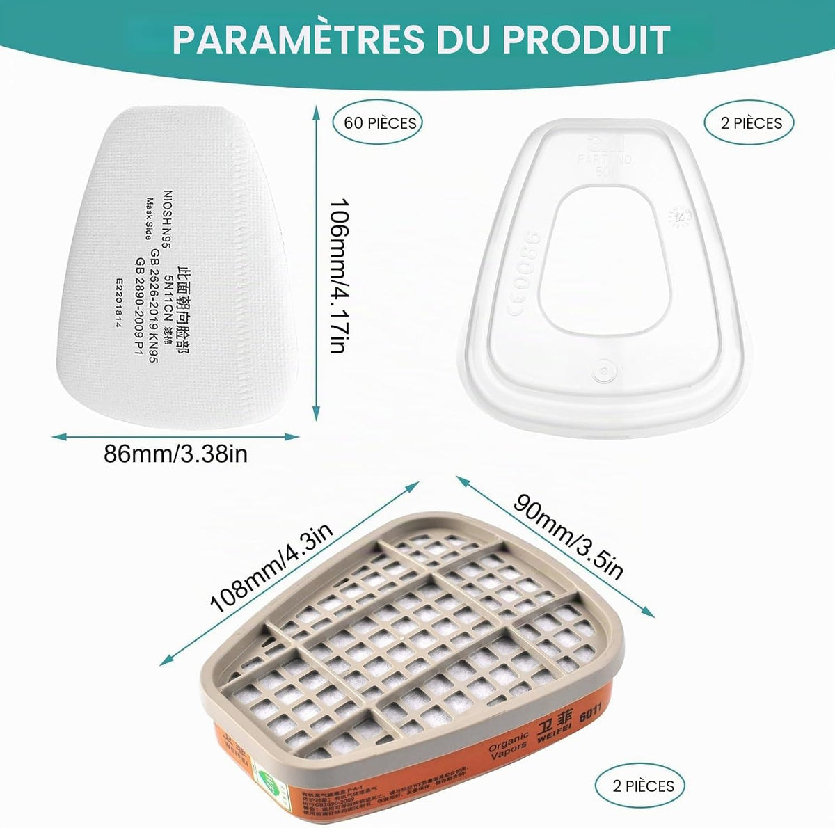 6001 Rechange Filtres de Protection Respiratoire Réutilisable Kit, 60 Cotons Filtrants, pour Filtration Purifier, Face Protection, Compatible 6100/6200 / 7501/7502 / 6502/6800