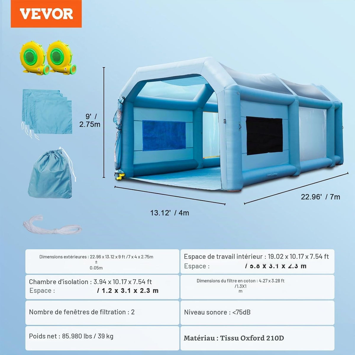 VEVOR Cabine de Peinture Gonflable 7x4x2,75 m en Tissu Oxford 210D avec Système de Filtration 2 Souffleurs