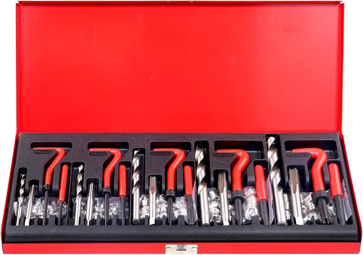 VEVOR Kit de Réparation de Filetage Hélicoïdal 166 Pièces, Outils à Restaurer Les Filetages Abîmes Métrique, M5 M6 M8 M10 M12, avec Forets HSS et Tarauds, pour Mécanicien Garage Réparation Automobile