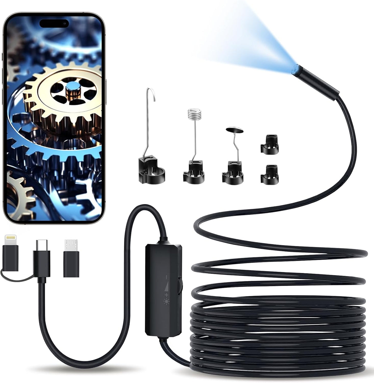 Endoscopique Caméra d'inspection de Serpent 1920P, 3 en 1 USB Camera Endoscopique, Endoscopique Type C de portée avec 8 lumières LED pour Smartphone Android et iOS, iphone, iPad, (16,5 FT/5M)