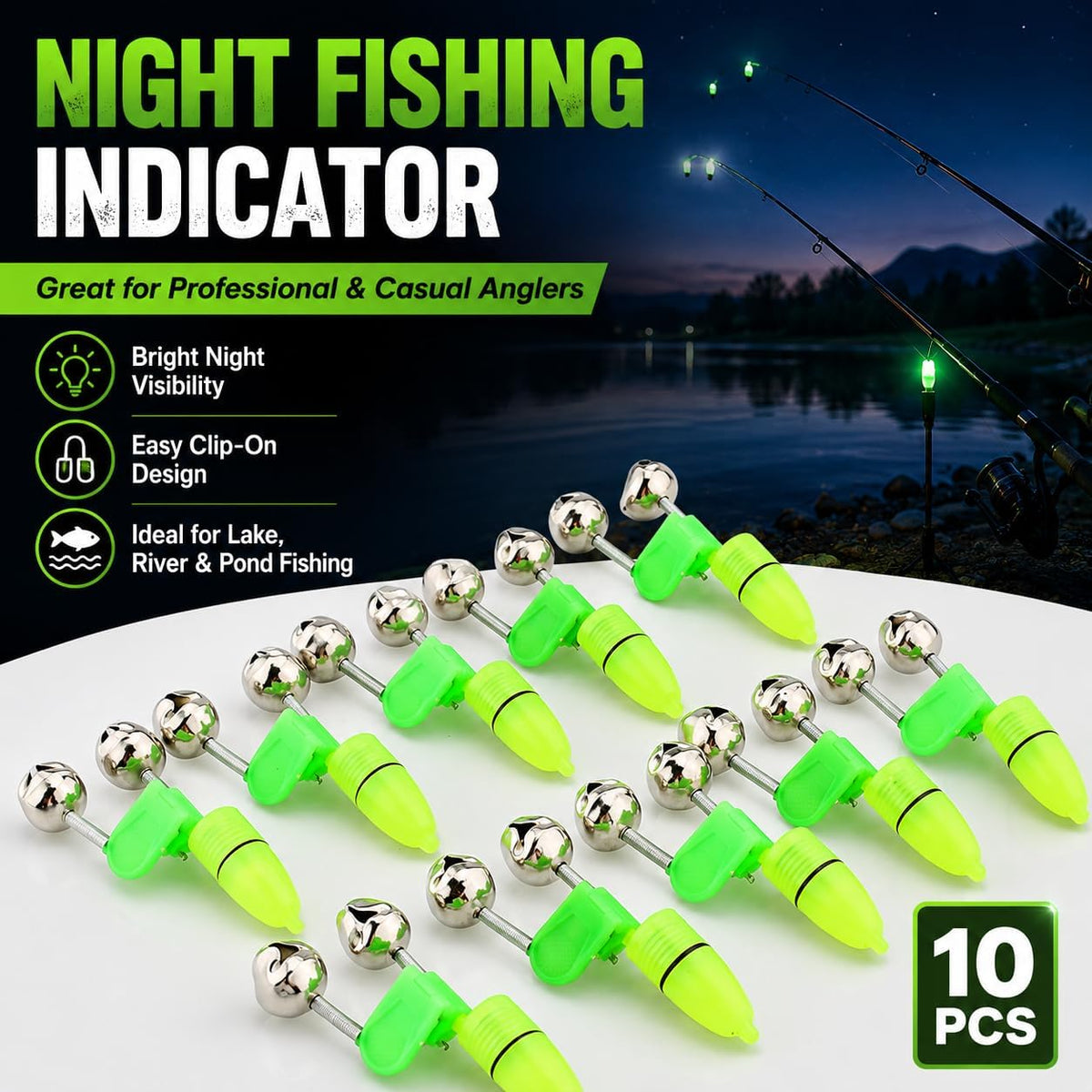 Accessoire de pêche de Nuit Pointe de Canne à lumière LED Anneau de Poisson Morsure Double Cloches résistant à l'eau Vert Argent 10 Paquets