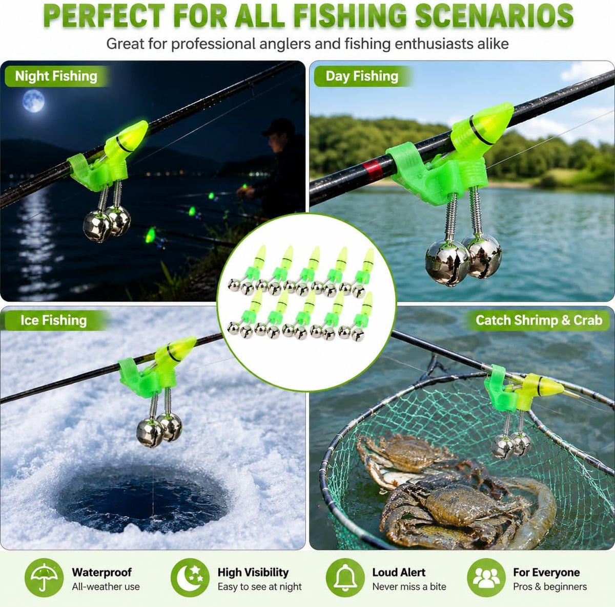 Accessoire de pêche de Nuit Pointe de Canne à lumière LED Anneau de Poisson Morsure Double Cloches résistant à l'eau Vert Argent 10 Paquets