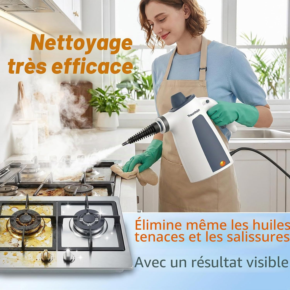 Nettoyeur vapeur, multifonction avec kit d’accessoires de 14 pièces, pression de vapeur de 3 bars, 350 ml, 1200 W, pour le nettoyage de la cuisine, des sols, des carreaux et des canapés.