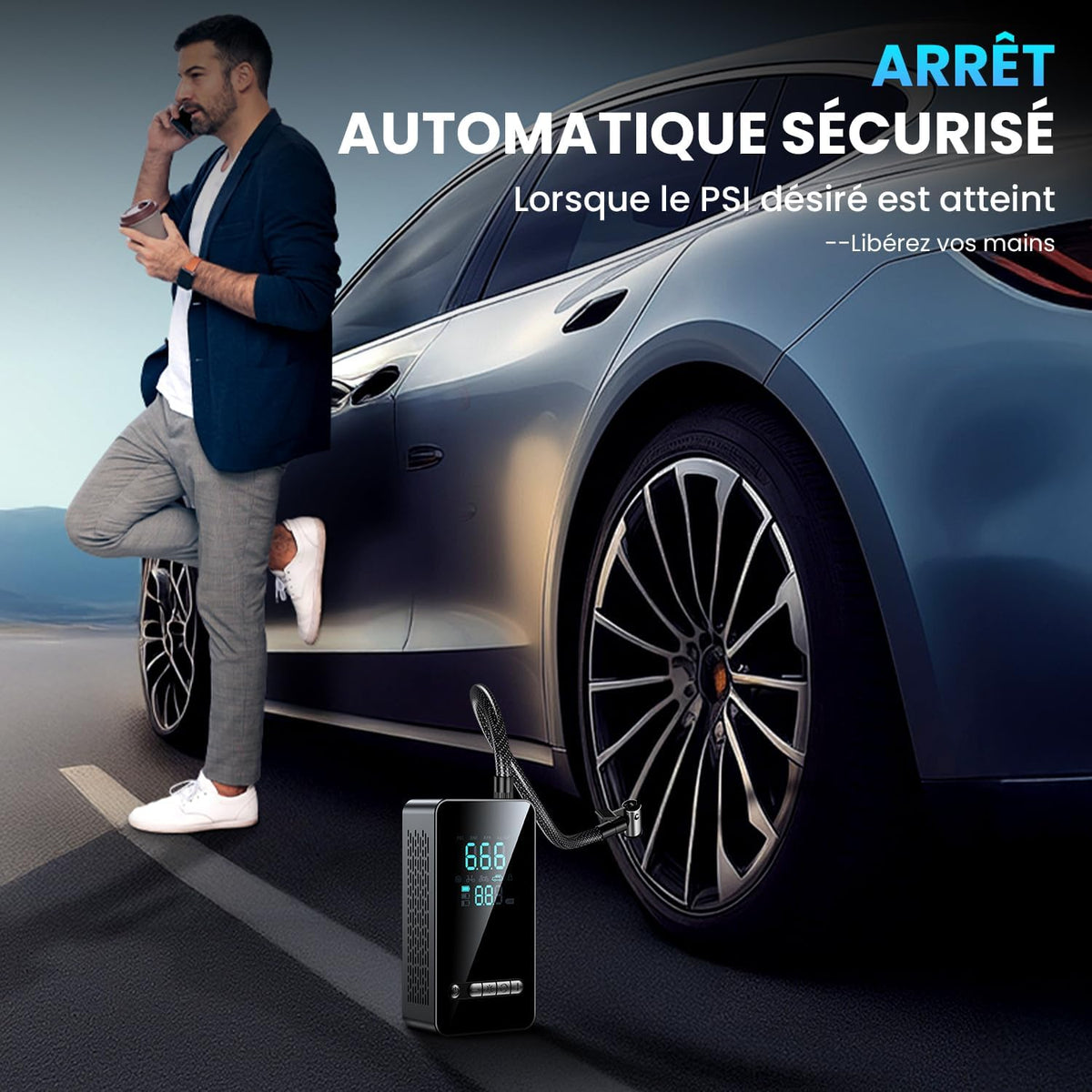 Gonfleur Pneus Voiture Sans Fil - Compresseur à Air Portatif 150 PSI, avec LED/Port C USB, Batterie Rechargeable, Inflation Rapide, Arrêt Automatique, Compresseur Voiture/Vélo/Moto