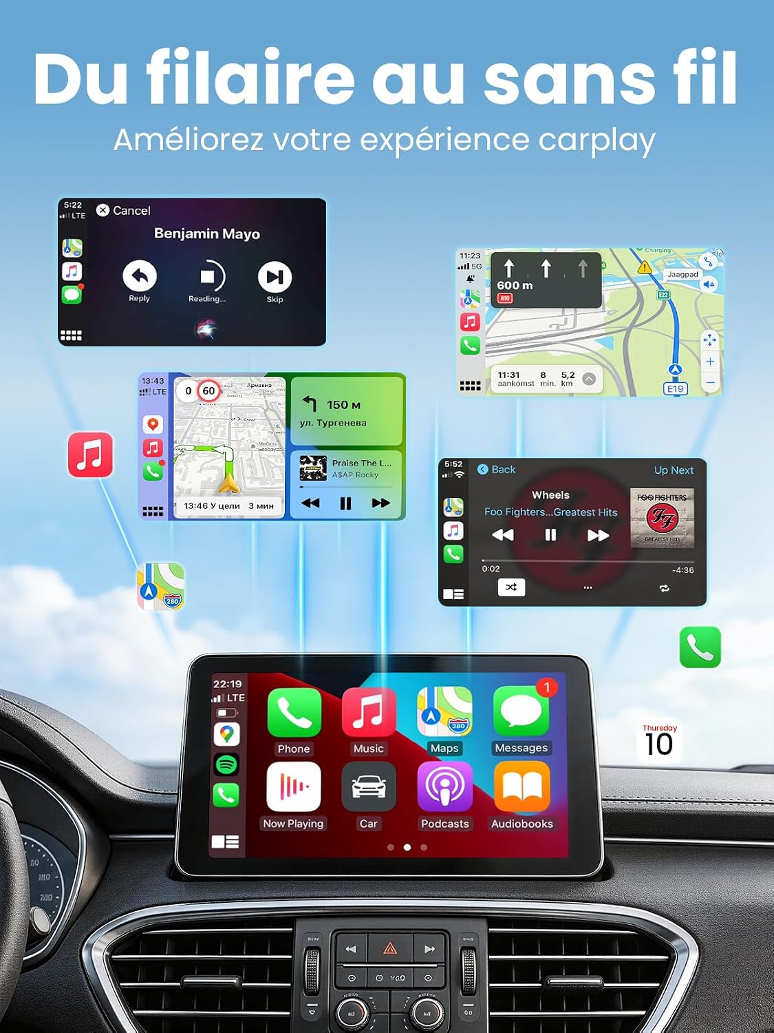 D1 Adaptateur CarPlay sans fil pour iOS, Conversion de CarPlay filaire en CarPlay sans fil, Plug & Play avec USB/Type-C, mini et stable, compatible avec iOS 10+ et les véhicules à partir de 2016