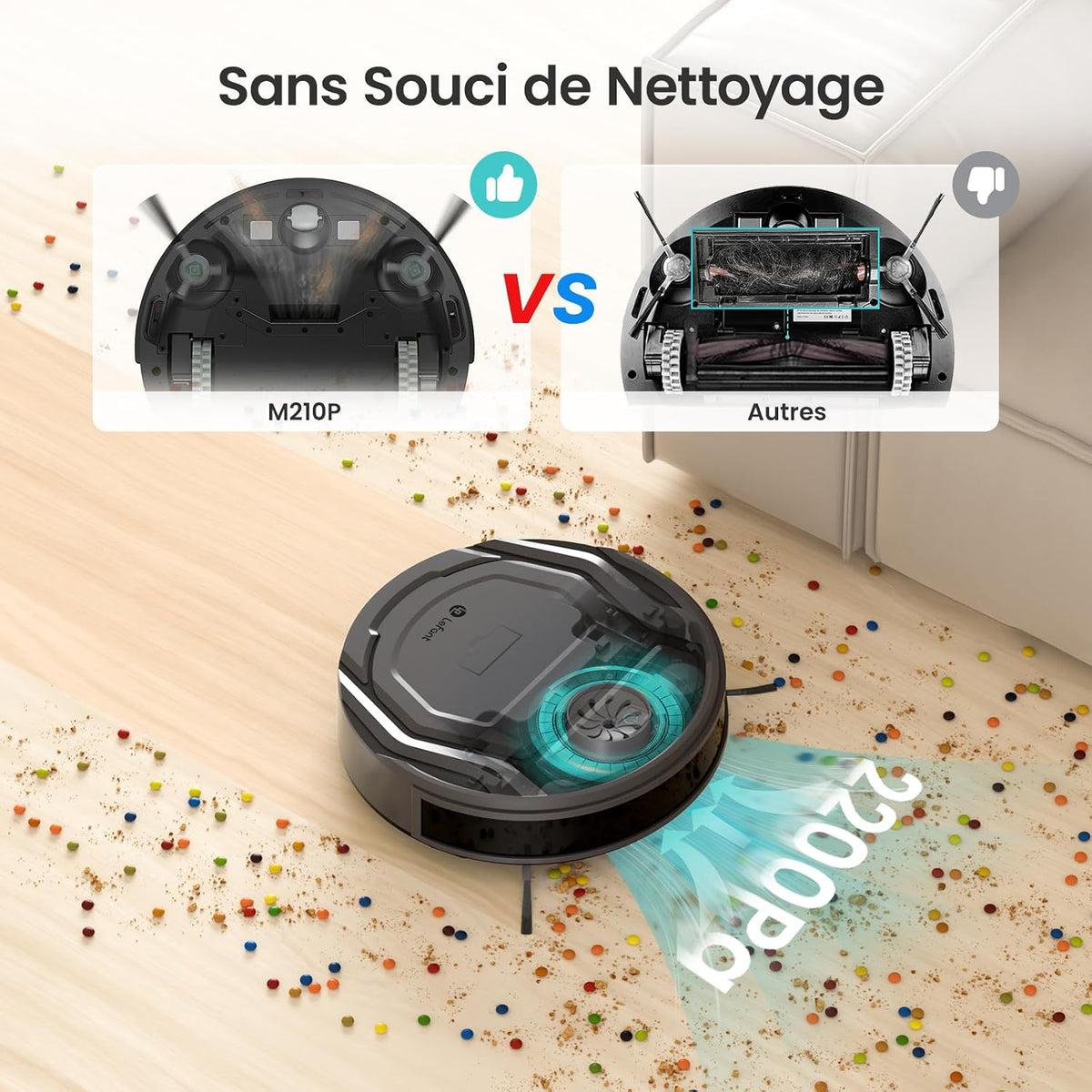 Lefant Aspirateur Robot, Robot Aspirateur Mince Silencieux Connecté avec WiFi/Bluetooth/Alexa/App, 6 Modes de Nettoyage, Auto-Charge, 120min d'Autonomie, Idéal pour Poils d'animaux Sols Durs, M210P