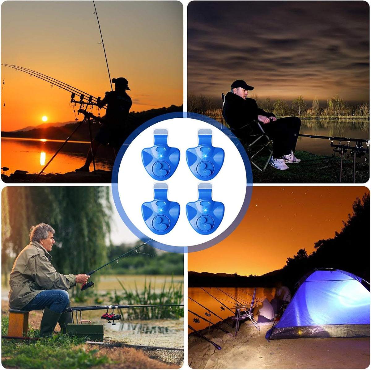 BORDEAG Alarme de Pêche, 4 Alarme Touche Canne à Pêche, Alarme de Touche de la Canne à Pêche avec Indicateur LED Détecteur Electronique Sensible Alarme, Detecteur de Touche Peche Maritime Nuit Pêche