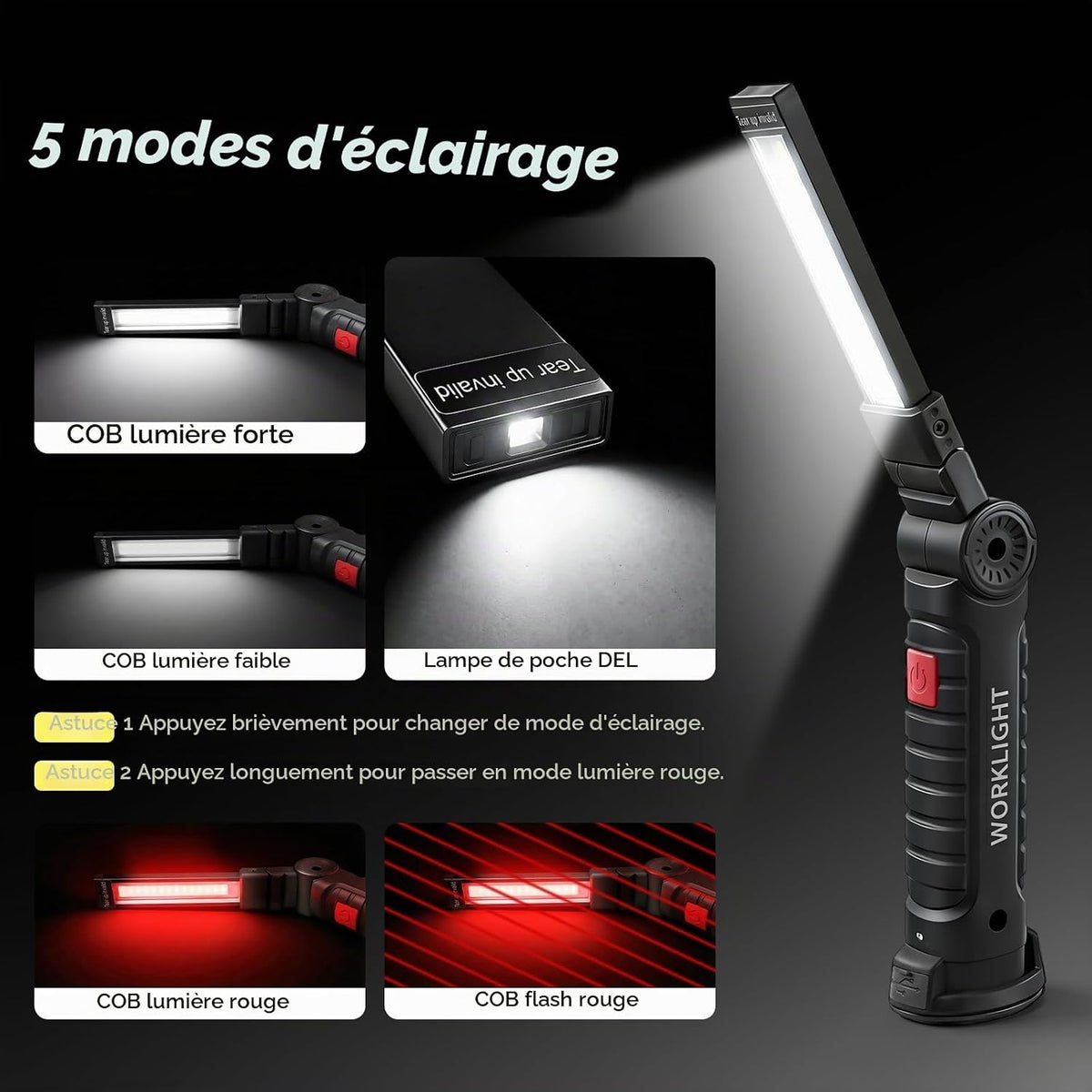 Daphomeu Lampe d'Inspection LED Rechargeable Magnétique, 4 Pièces, Noir