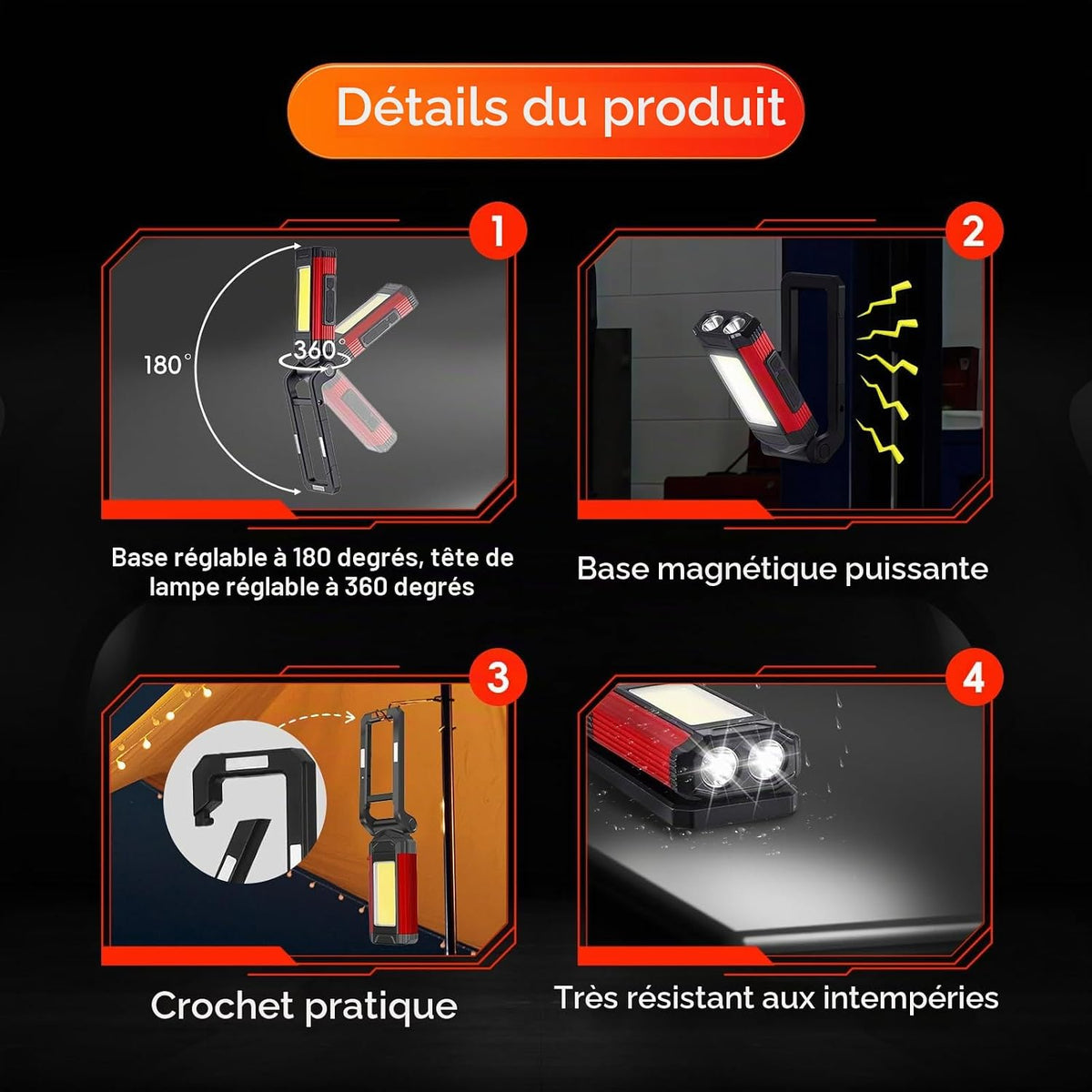 2 Pièce Lampe Led Rechargeable, Lampes d'inspection, Lampe Atelier CoB,Avec Support Pivotant et Crochet Pliant, Baladeuse Led Mecanicien, Torche LED magnétique,pour Auto, Atelier, Camping et Urgences