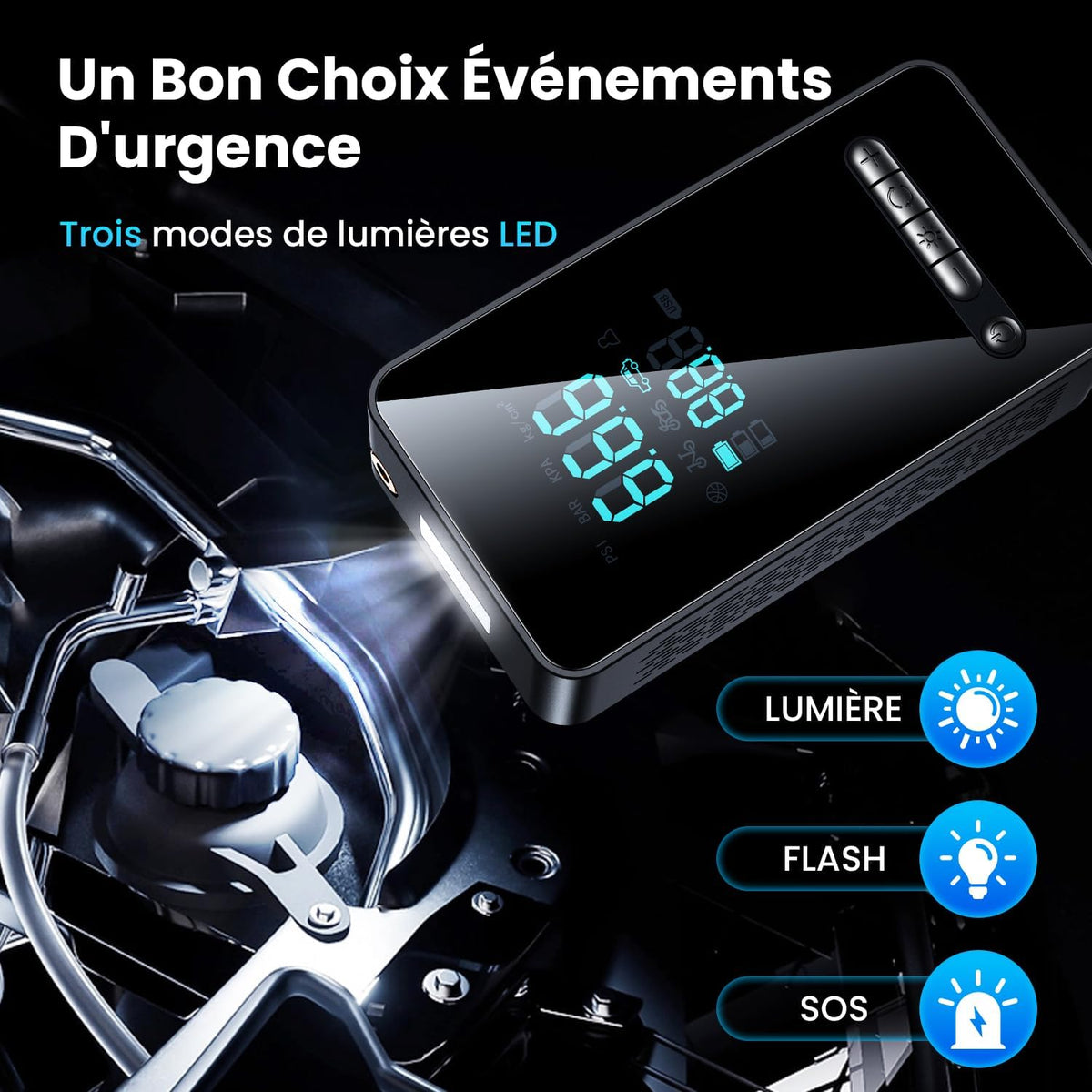 Gonfleur Pneus Voiture Sans Fil - Compresseur à Air Portatif 150 PSI, avec LED/Port C USB, Batterie Rechargeable, Inflation Rapide, Arrêt Automatique, Compresseur Voiture/Vélo/Moto