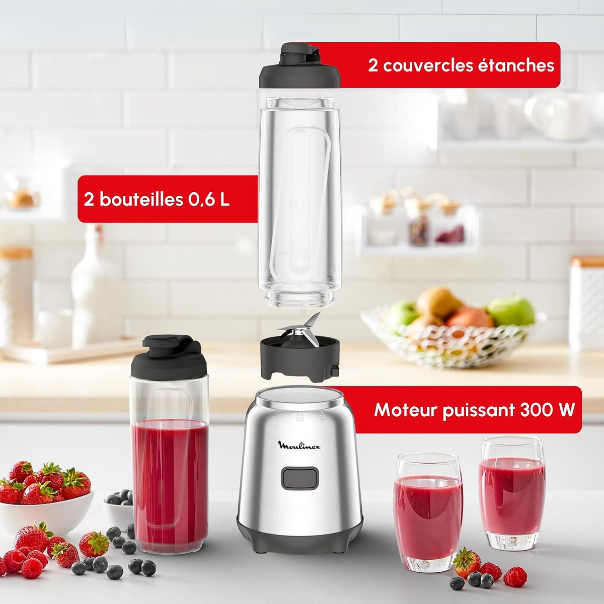 Moulinex - Mix & Move Mini blender 300W avec 2 gourdes de 0.6L
