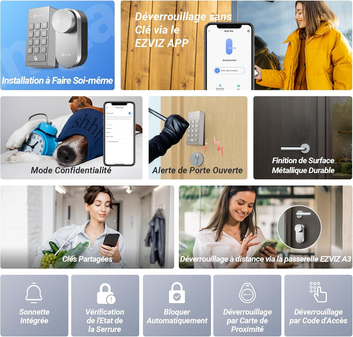 EZVIZ DL01PRO Smart Lock avec Clavier Multifonctionnel et A3 Passerelle Domestique, Serrure Connectée fonction Bluetooth accès à distance, Serrure Smart Lock accès sans Clé pour Maison Connectée