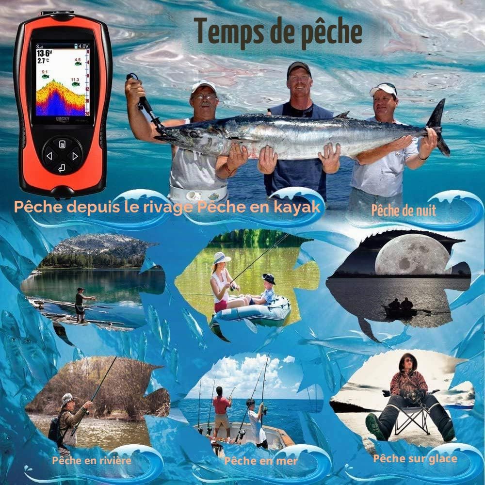 LUCKY Détecteur de Poisson Portable Transducteur Sonar Capteur Détecteur de Profondeur d'eau Écran LCD Sondeur d'écho Sondeur Pêche sur Glace Pêche en mer