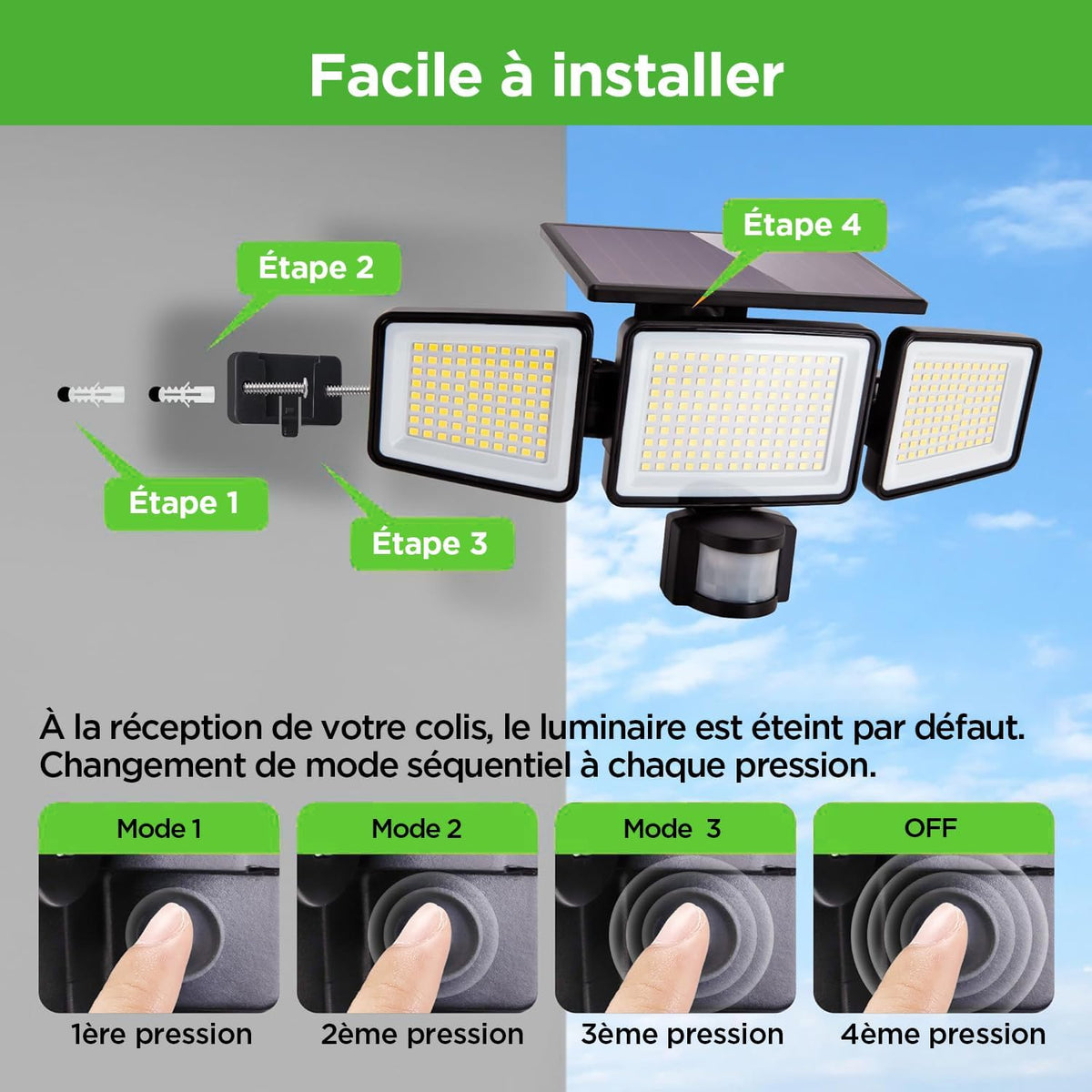 Projecteur Solaire LED 3 Têtes avec Détecteur de Mouvement – 1 Acheté = 1 Offert