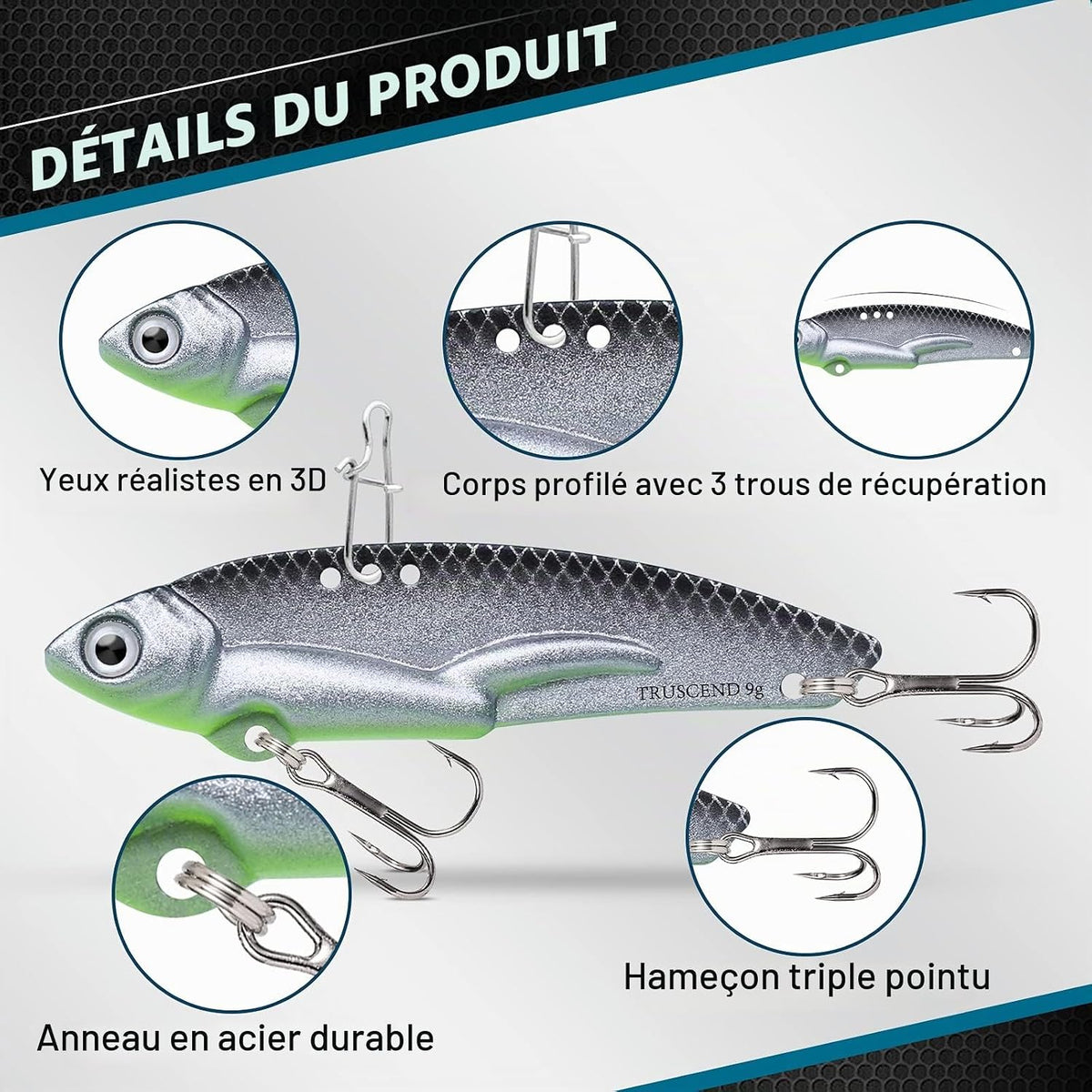 TRUSCEND Recherche Ultime Leurre avec Action de nage Vibrante, Clignotante et de Jigging, Leurres de Pêche pour Toutes Les Espèces de Poissons, Tournantes à Double Lame, Vibe Spinner avec Hameçon BKK