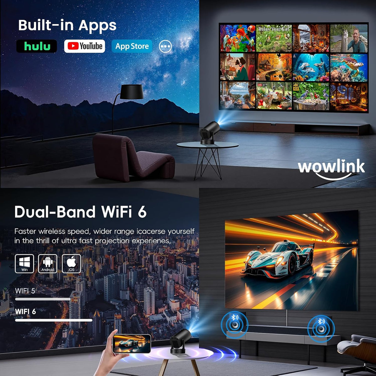 [Apps intégrées & 2026 Upgraded] Vidéoprojecteur avec WiFi 6 et Bluetooth | 4K 1080P Auto Keystone Rotation 180° Compatibile avec HDMI/TV
