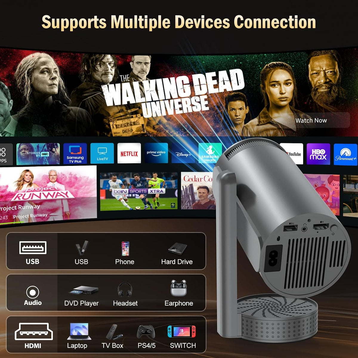 Vidéoprojecteur 4K avec WiFi 6 BT5.4, 270° Rotation, Correction Trapézoïdale, Base de Son, Compatibile avec HDMI/USB/PS5