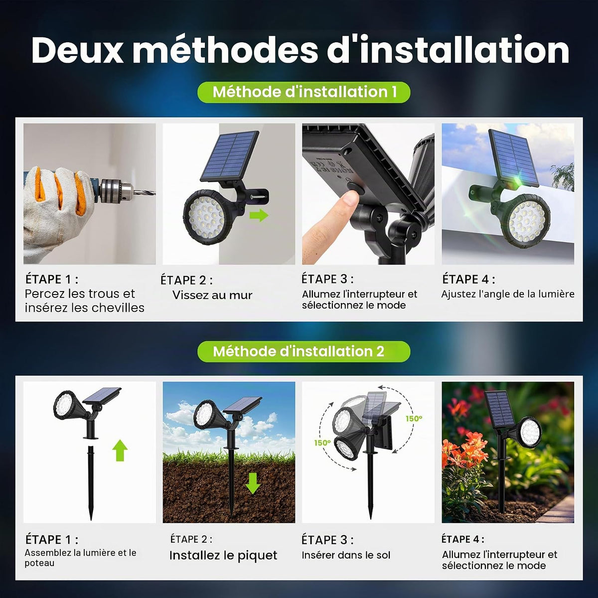 Solpex Lot de 6 Spots Solaires d'extérieur, Projecteurs Solaires,IP65 étanches à 25 LED Lampes solaires pour Chemins, extérieur Jardins, Clôtures (Blancs)