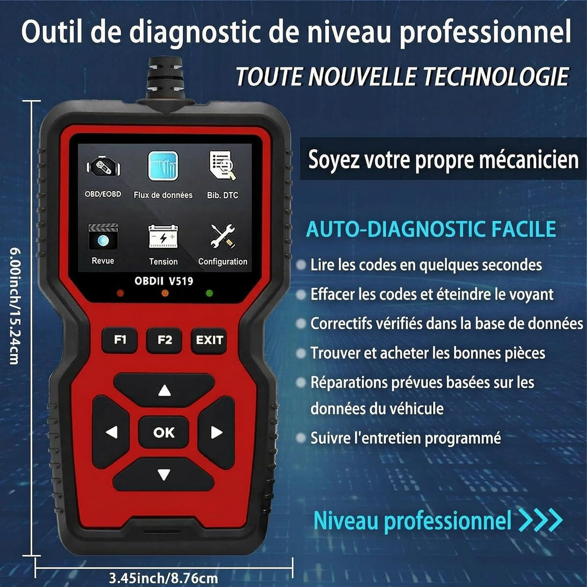 Valise Diagnostic Auto, OBD2 Diagnostic Voiture Multimarque Français, Vérification du Voyant Moteur/Test d'émissions polluantes/Test du capteur O2/EVAP