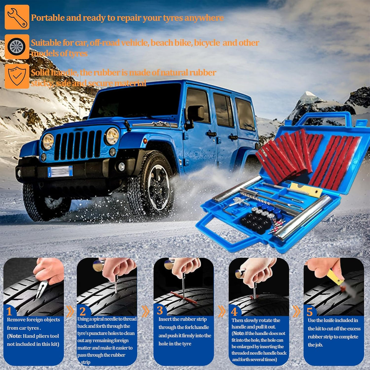 53PCS Kit de Réparation de Pneus, Kit Reparation Pneu Portables Voiture, Kit Meche Pneu Voiture, Kit Crevaison Voiture, Kit Reparation Pneu pour Auto, Motos, VTT, Tracteurs, SUV, Jeep