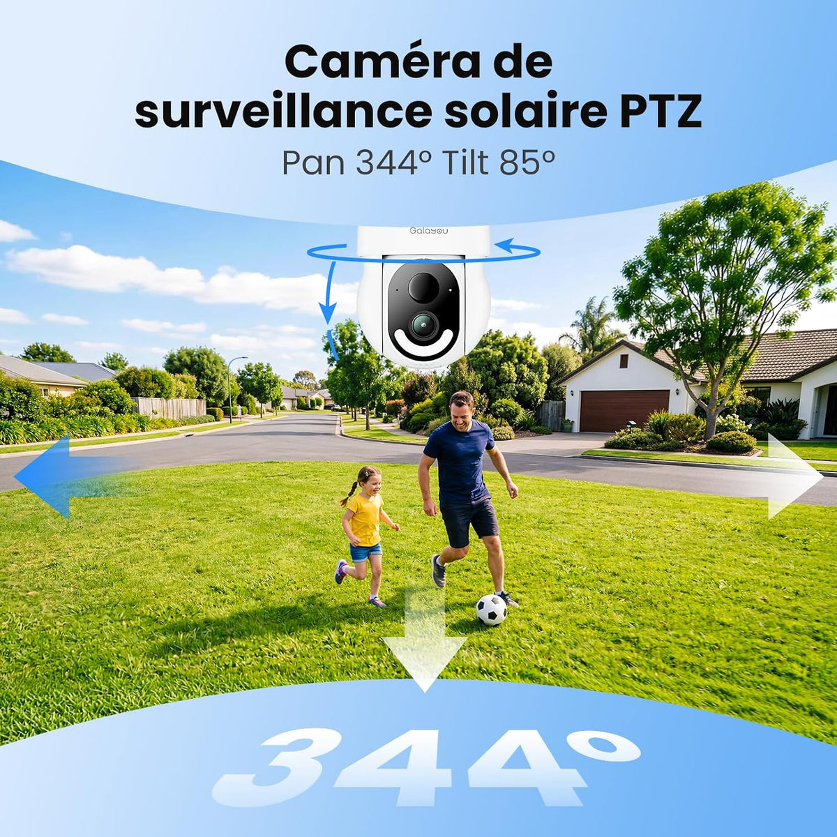 GALAYOU 2K Camera Surveillance WiFi Exterieure sans Fil - Camera Exterieur sans Fil Solaire, 2.4GHz, 360° PTZ Suivi, PIR + Alarme Sonore/Lumière, Audio Bidirectionnel, Vision Nocturne Couleur, IP65