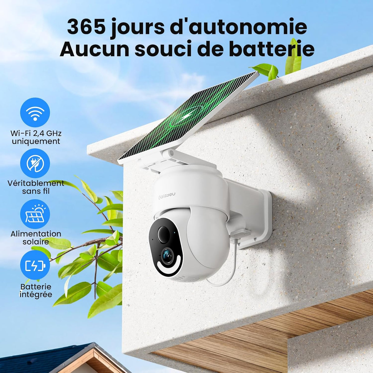 GALAYOU 2K Camera Surveillance WiFi Exterieure sans Fil - Camera Exterieur sans Fil Solaire, 2.4GHz, 360° PTZ Suivi, PIR + Alarme Sonore/Lumière, Audio Bidirectionnel, Vision Nocturne Couleur, IP65