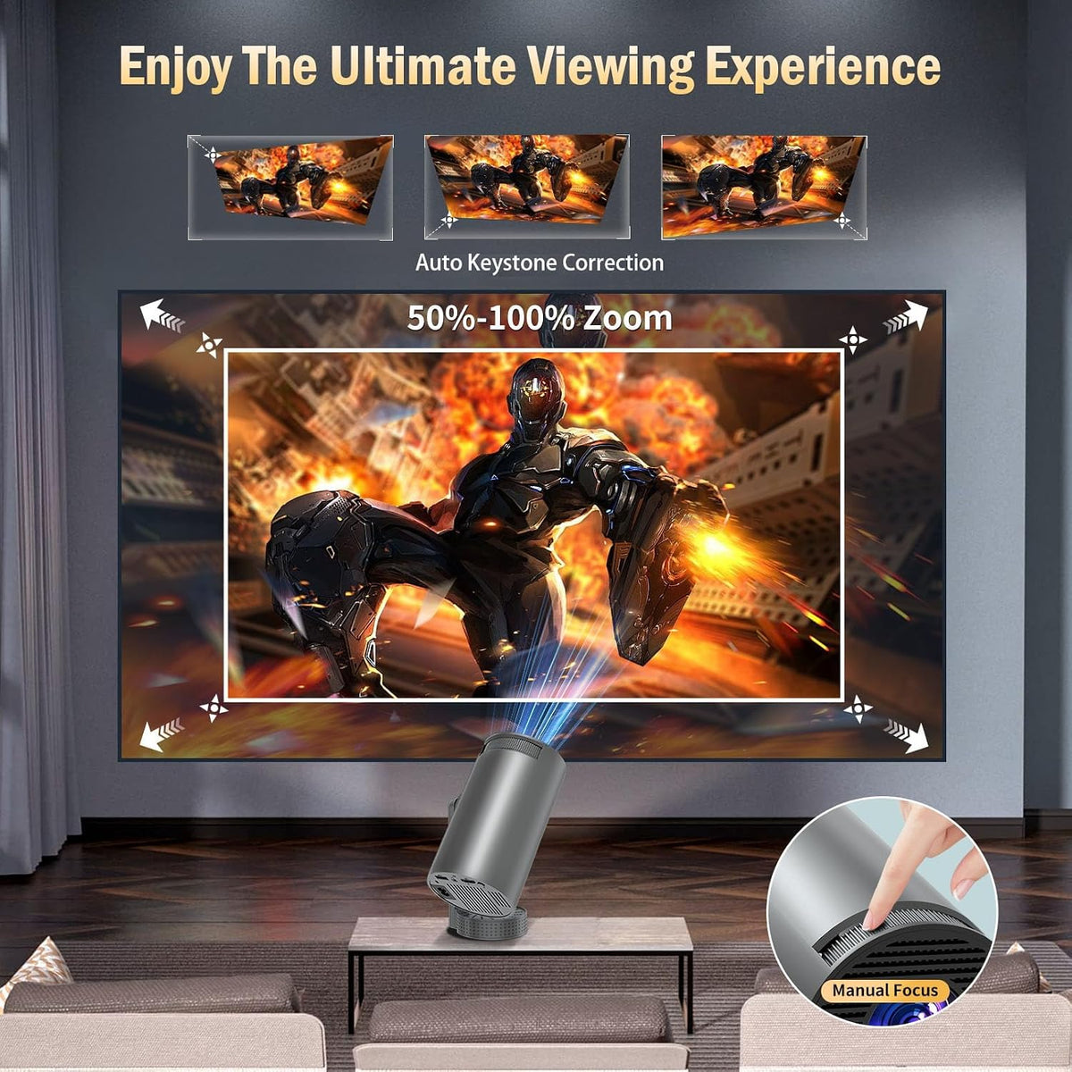 Vidéoprojecteur 4K avec WiFi 6 BT5.4, 270° Rotation, Correction Trapézoïdale, Base de Son, Compatibile avec HDMI/USB/PS5