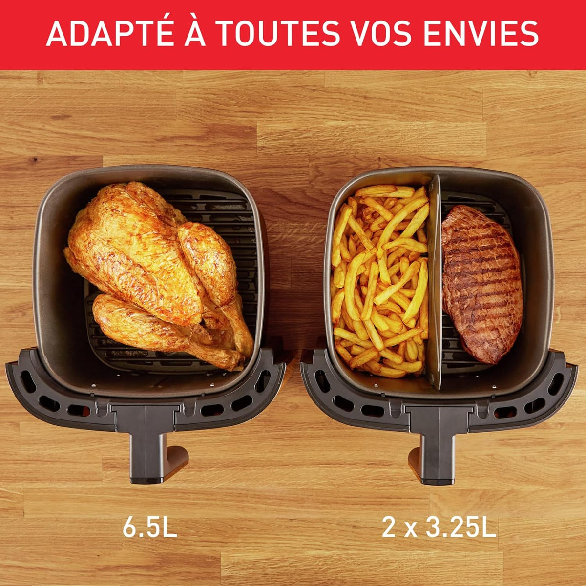 Moulinex Easy Fry & Grill XXL Friteuse sans huile + gril, Capacité 6,5 L, Jusqu’à 8 personnes, 8 programmes automatiques, Séparateur double cuisson, Application Moulinex, air fryer EZ801810