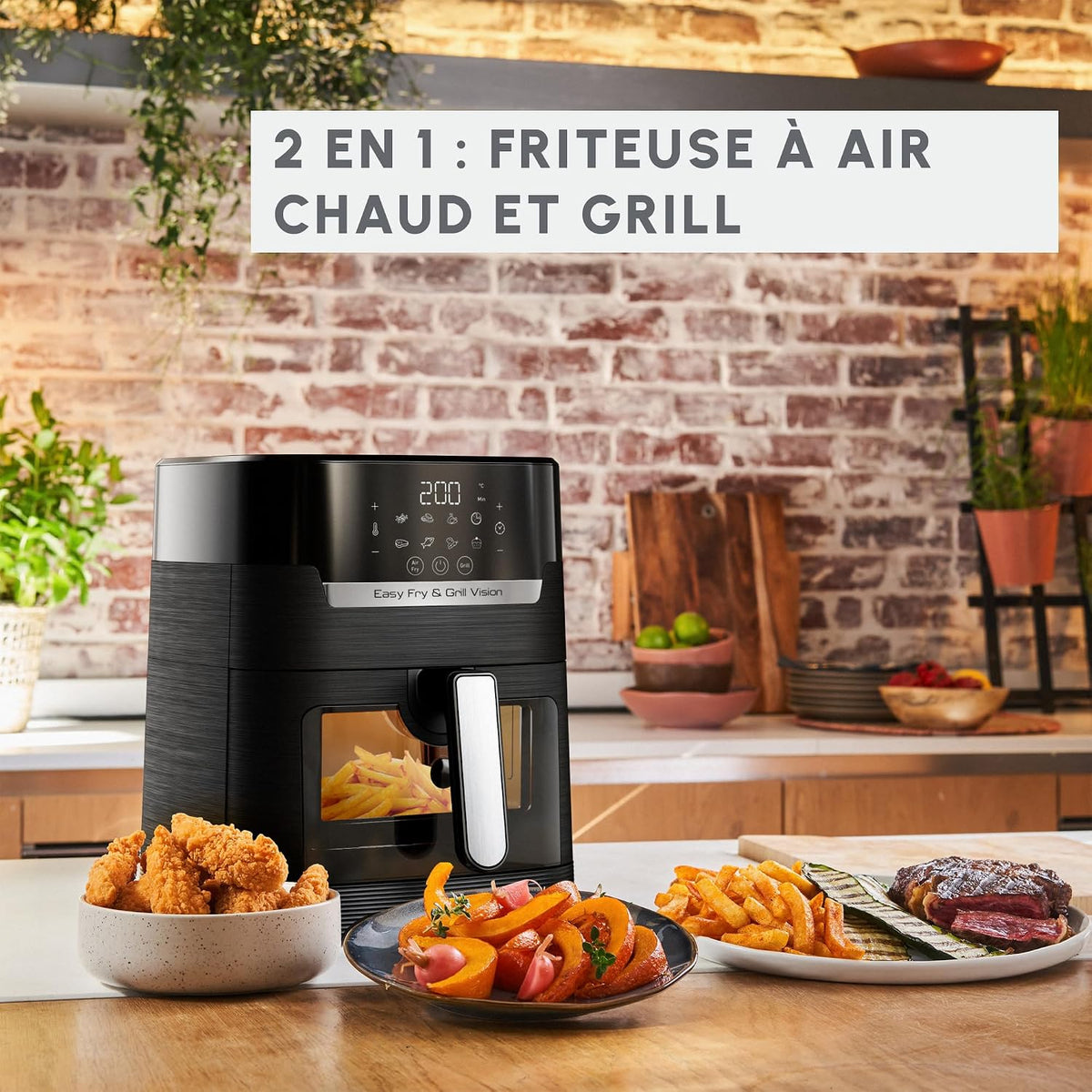 Moulinex Friteuse sans huile + Gril, Fenêtre amovible, Capacité XL 4,6 L, Jusqu'à 6 personnes, Air Fryer, Écran tactile, 8 programmes automatiques, Easy Fry & Grill Vision, EZ506820