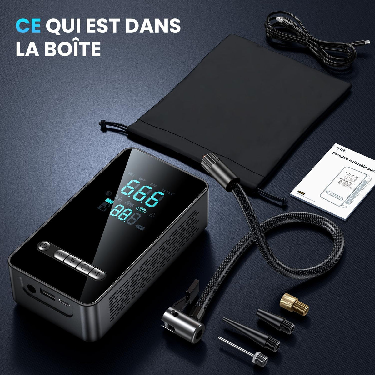 Gonfleur Pneus Voiture Sans Fil - Compresseur à Air Portatif 150 PSI, avec LED/Port C USB, Batterie Rechargeable, Inflation Rapide, Arrêt Automatique, Compresseur Voiture/Vélo/Moto